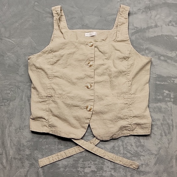 LC Lauren Conrad Tops - LC Lauren Conrad Shirt Womens L Tan Button Down Linen Blend Tie Back Sleeveless
